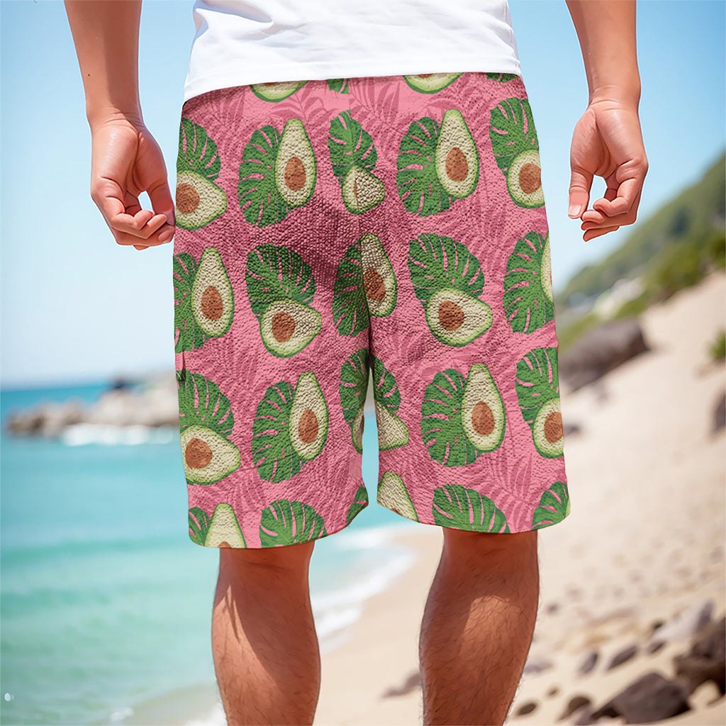 Pink Palm Leaf Avocado Print Men's Cargo Shorts