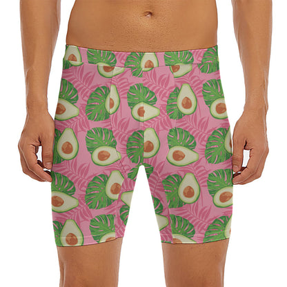 Pink Palm Leaf Avocado Print Men's Long Boxer Briefs