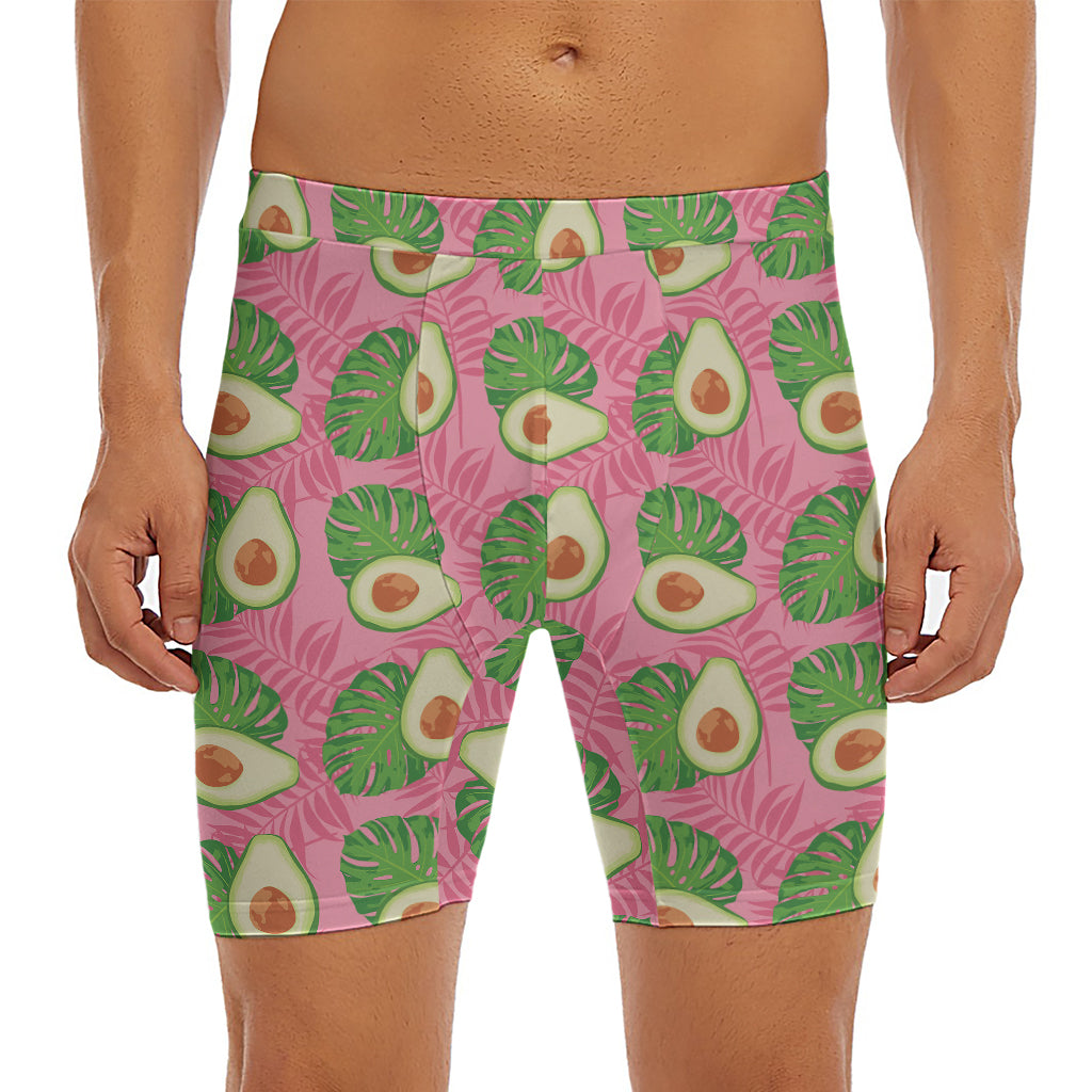 Pink Palm Leaf Avocado Print Men's Long Boxer Briefs