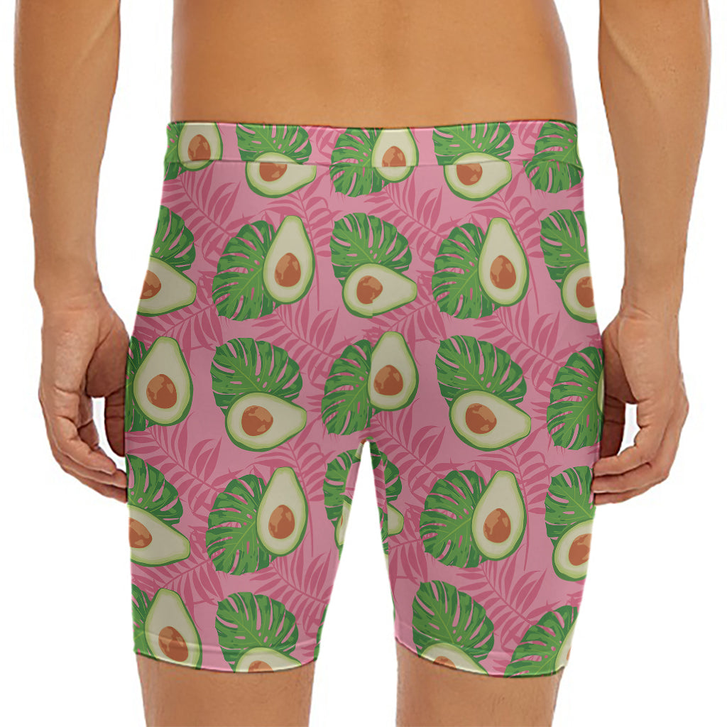 Pink Palm Leaf Avocado Print Men's Long Boxer Briefs