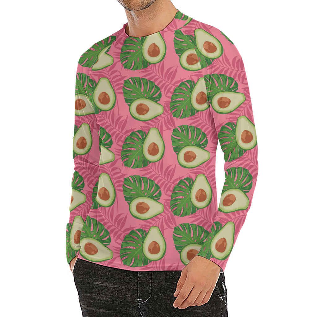 Pink Palm Leaf Avocado Print Men's Long Sleeve Rash Guard
