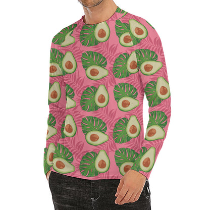 Pink Palm Leaf Avocado Print Men's Long Sleeve Rash Guard