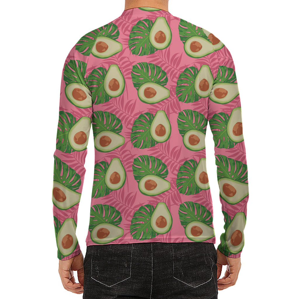 Pink Palm Leaf Avocado Print Men's Long Sleeve Rash Guard