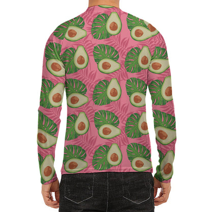 Pink Palm Leaf Avocado Print Men's Long Sleeve Rash Guard