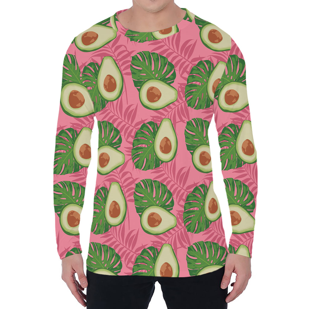 Pink Palm Leaf Avocado Print Men's Long Sleeve T-Shirt