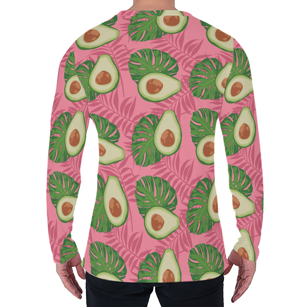 Pink Palm Leaf Avocado Print Men's Long Sleeve T-Shirt