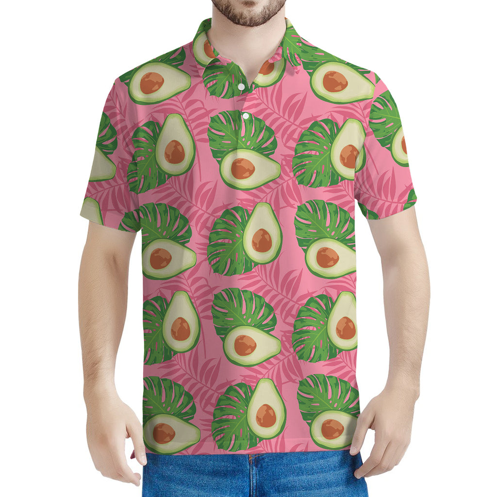 Pink Palm Leaf Avocado Print Men's Polo Shirt