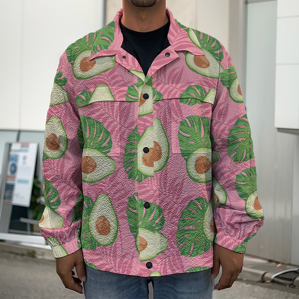 Pink Palm Leaf Avocado Print Men's Shirt Jacket