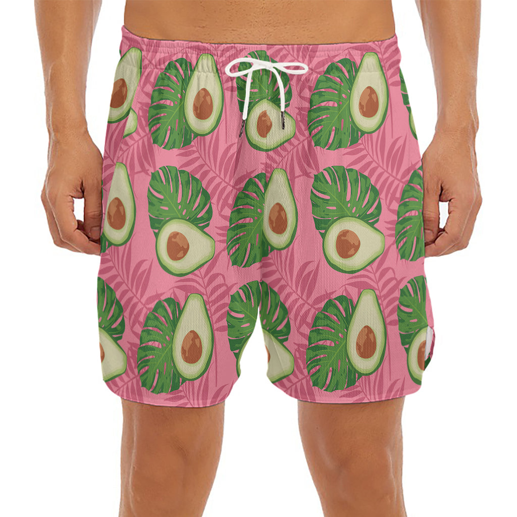 Pink Palm Leaf Avocado Print Men's Split Running Shorts