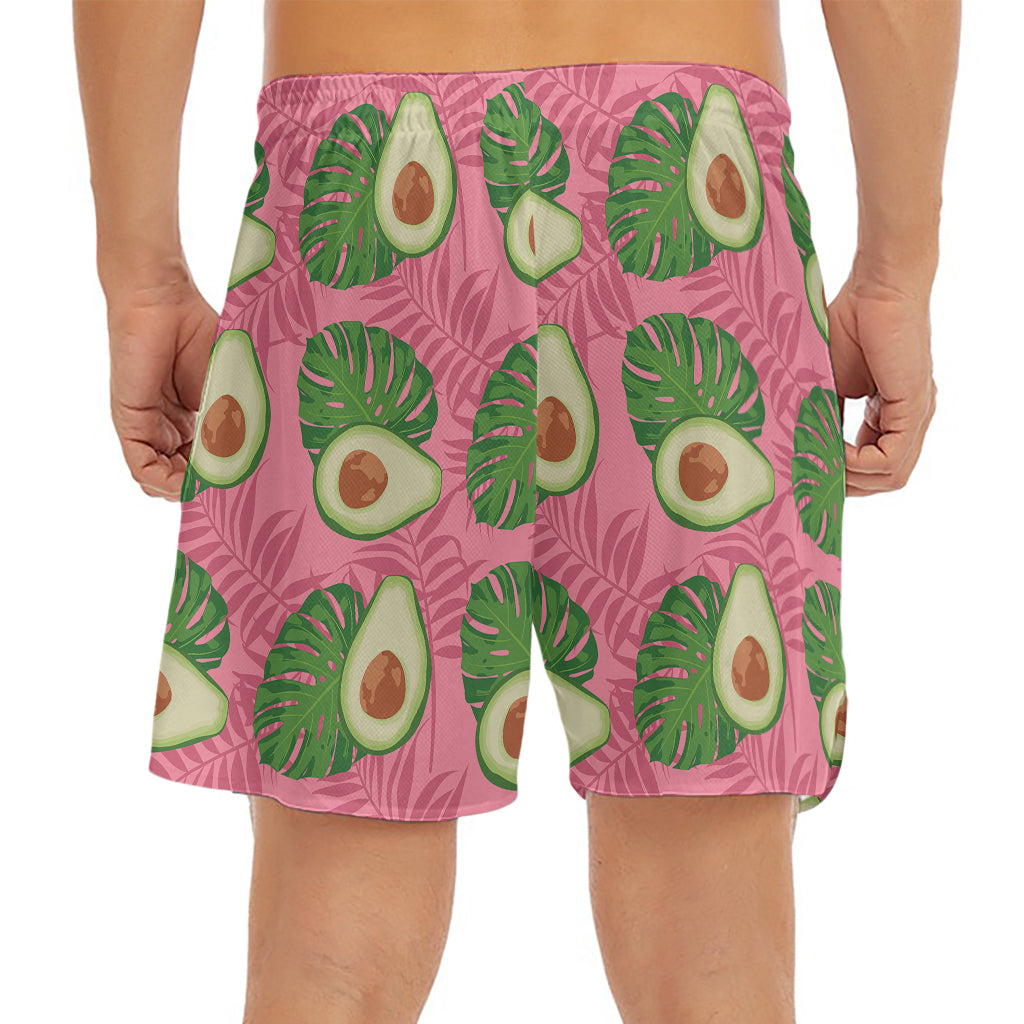 Pink Palm Leaf Avocado Print Men's Split Running Shorts