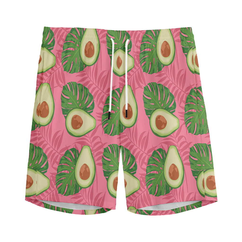 Pink Palm Leaf Avocado Print Men's Sports Shorts
