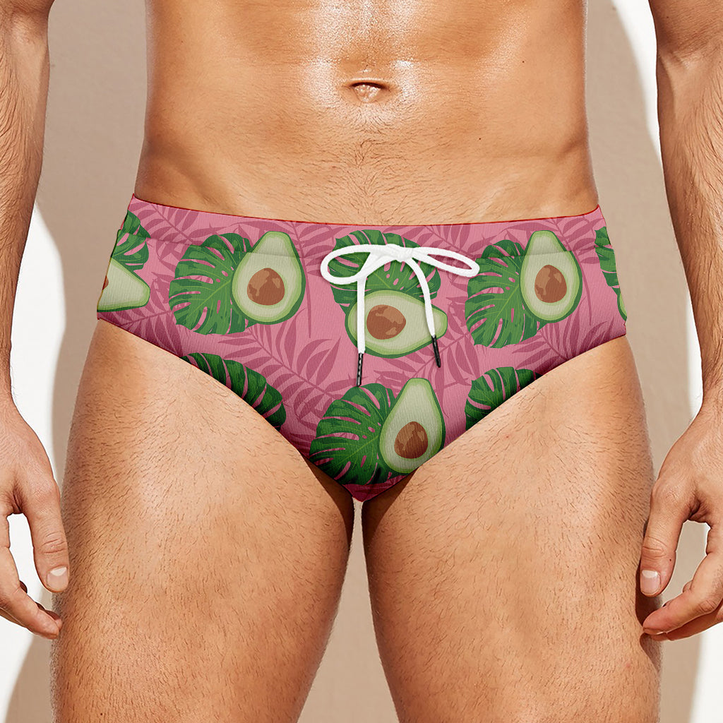 Pink Palm Leaf Avocado Print Men's Swim Briefs