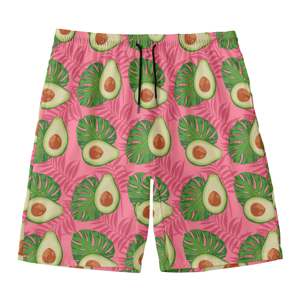 Pink Palm Leaf Avocado Print Men's Swim Trunks