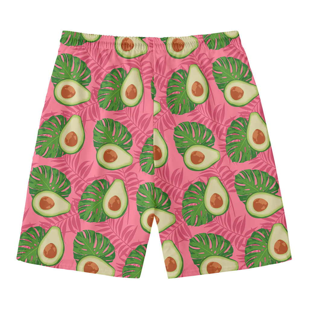 Pink Palm Leaf Avocado Print Men's Swim Trunks