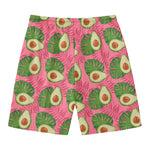 Pink Palm Leaf Avocado Print Men's Swim Trunks