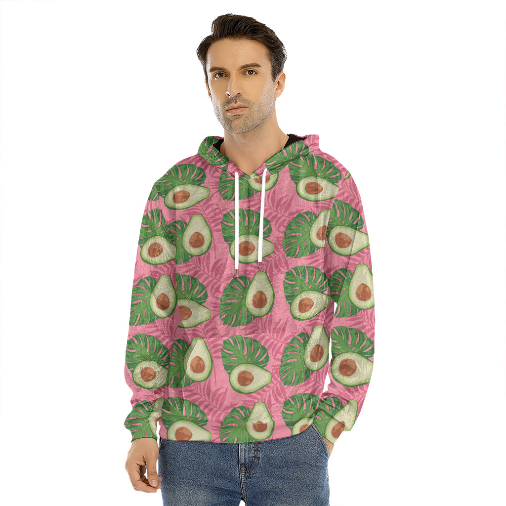 Pink Palm Leaf Avocado Print Men's Velvet Pullover Hoodie