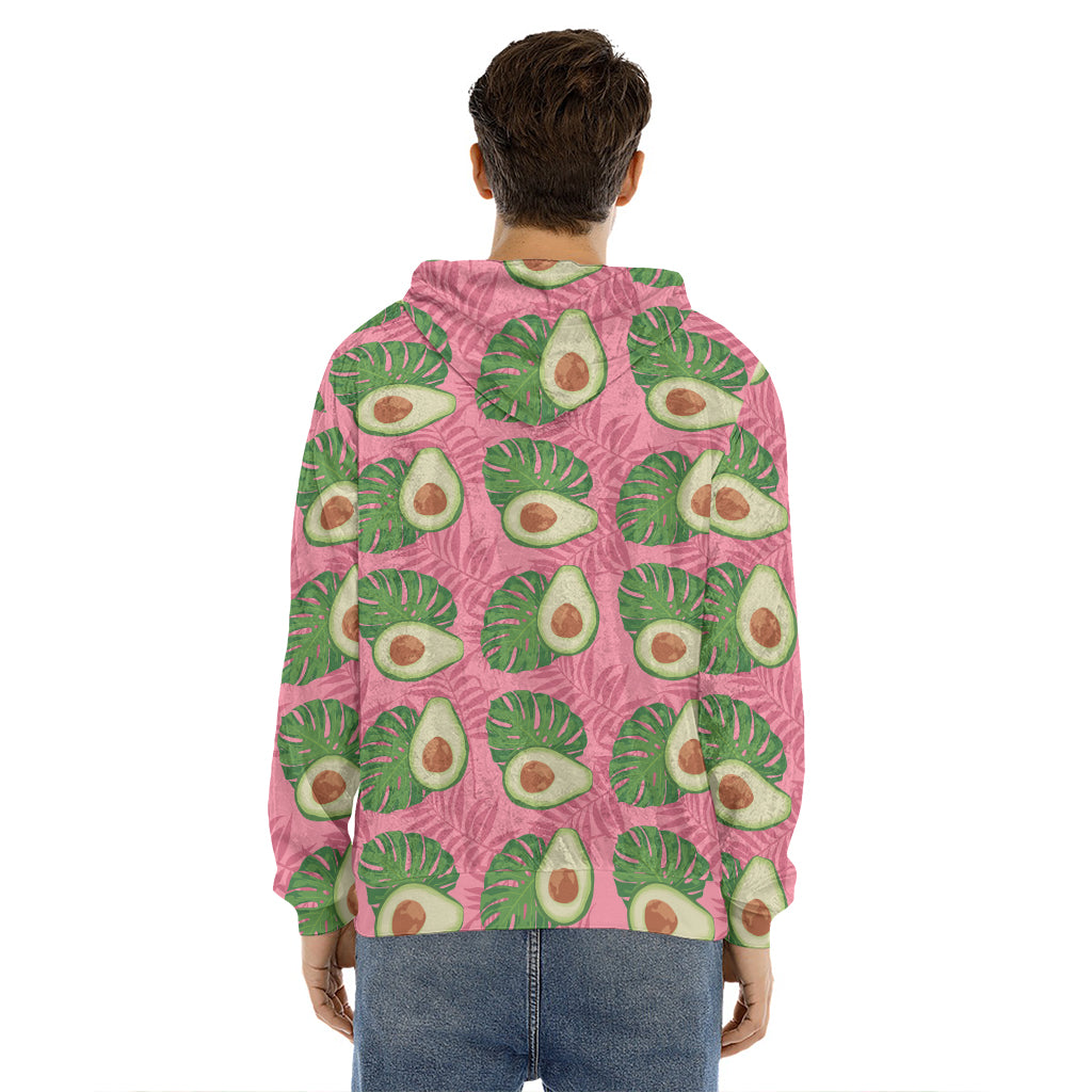 Pink Palm Leaf Avocado Print Men's Velvet Pullover Hoodie