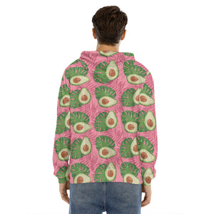 Pink Palm Leaf Avocado Print Men's Velvet Pullover Hoodie