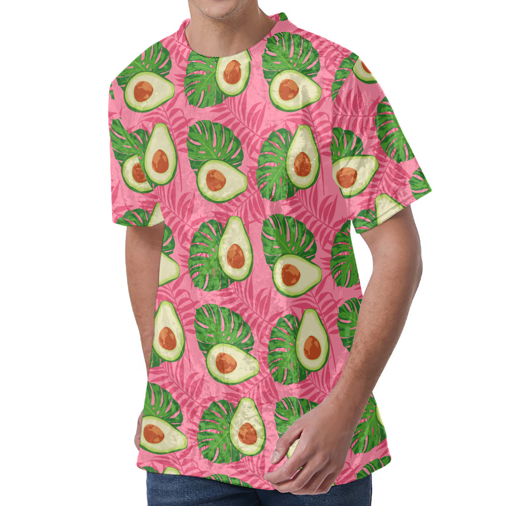 Pink Palm Leaf Avocado Print Men's Velvet T-Shirt