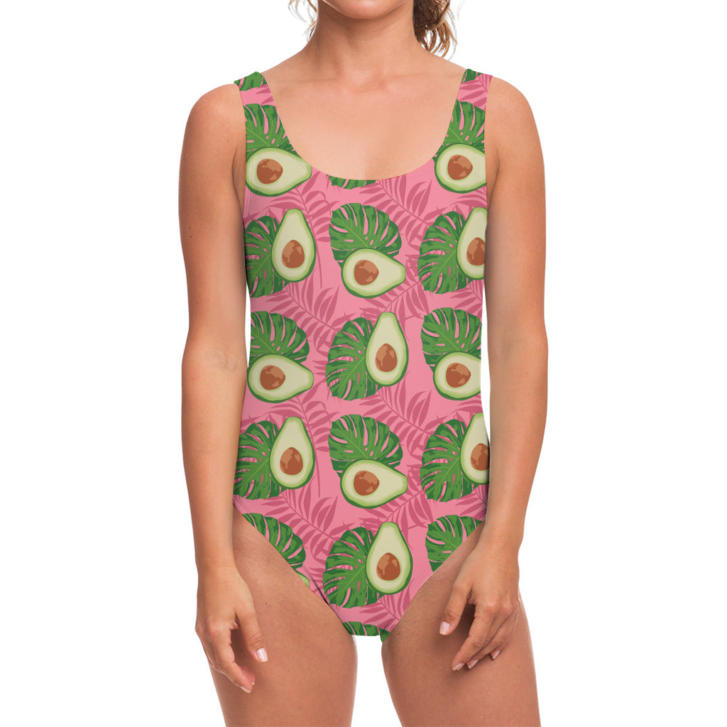 Pink Palm Leaf Avocado Print One Piece Swimsuit