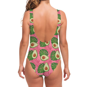 Pink Palm Leaf Avocado Print One Piece Swimsuit