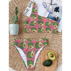 Pink Palm Leaf Avocado Print One Shoulder Bikini Top