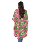 Pink Palm Leaf Avocado Print Open Front Beach Cover Up