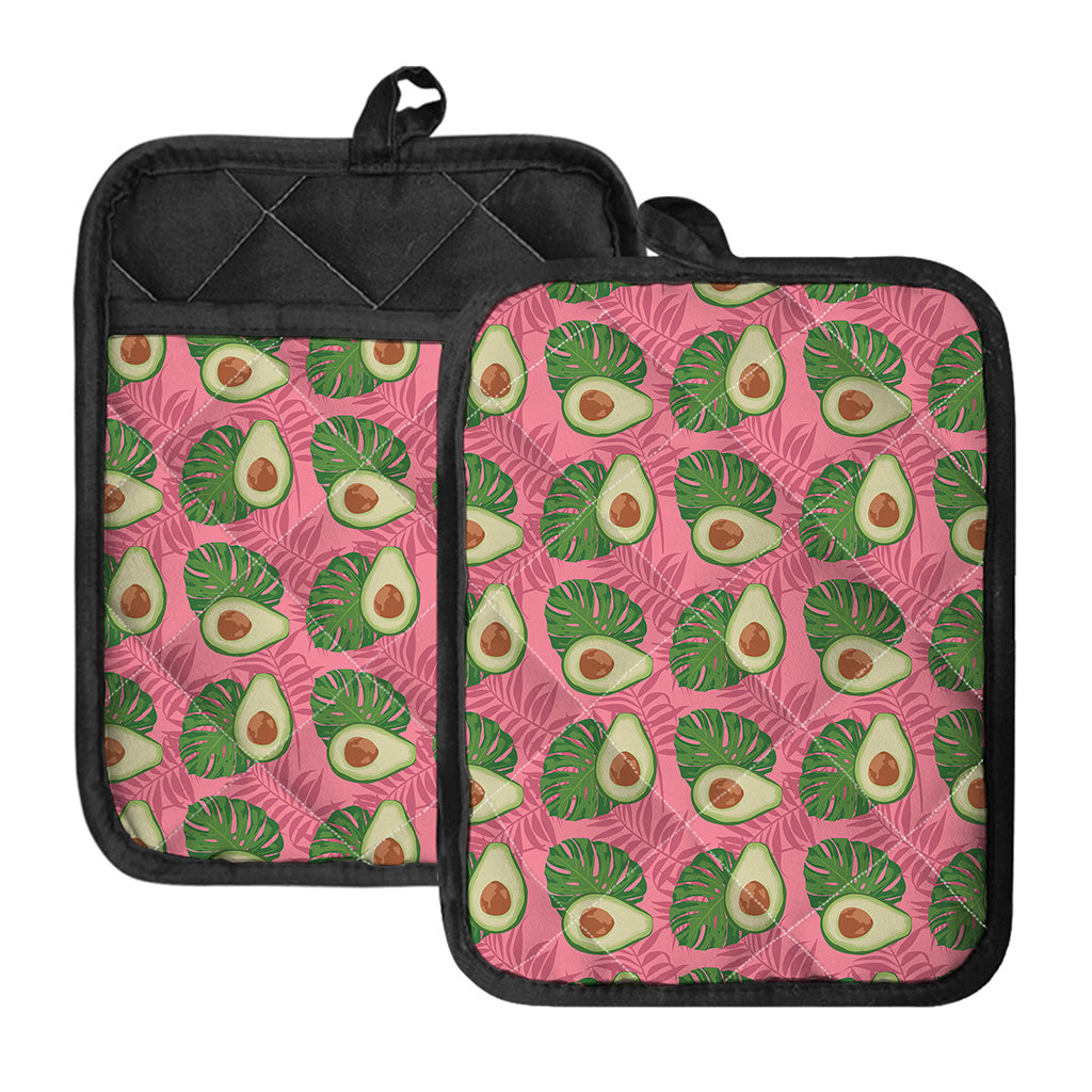 Pink Palm Leaf Avocado Print Pot Holders With Pocket