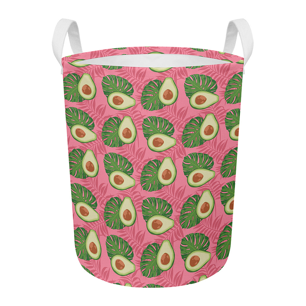 Pink Palm Leaf Avocado Print Round Laundry Basket