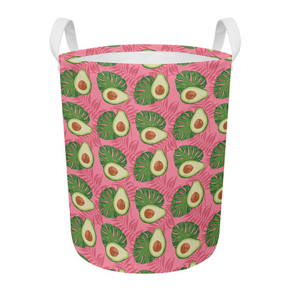 Pink Palm Leaf Avocado Print Round Laundry Basket