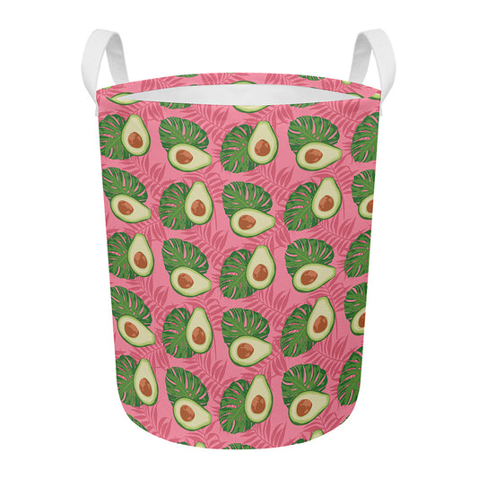 Pink Palm Leaf Avocado Print Round Laundry Basket