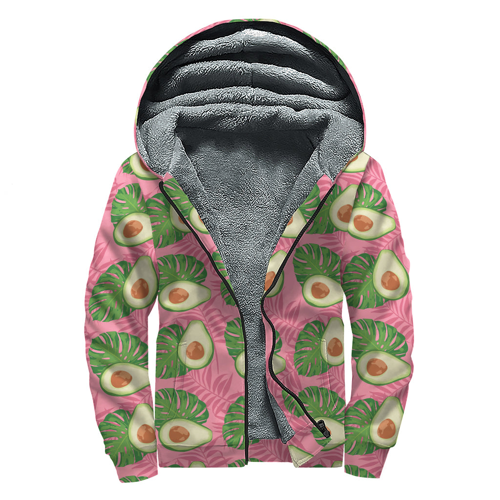 Pink Palm Leaf Avocado Print Sherpa Lined Zip Up Hoodie
