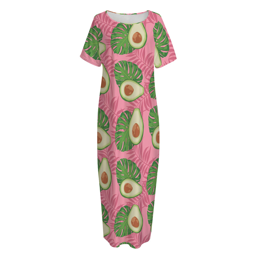 Pink Palm Leaf Avocado Print Short Sleeve Long Nightdress