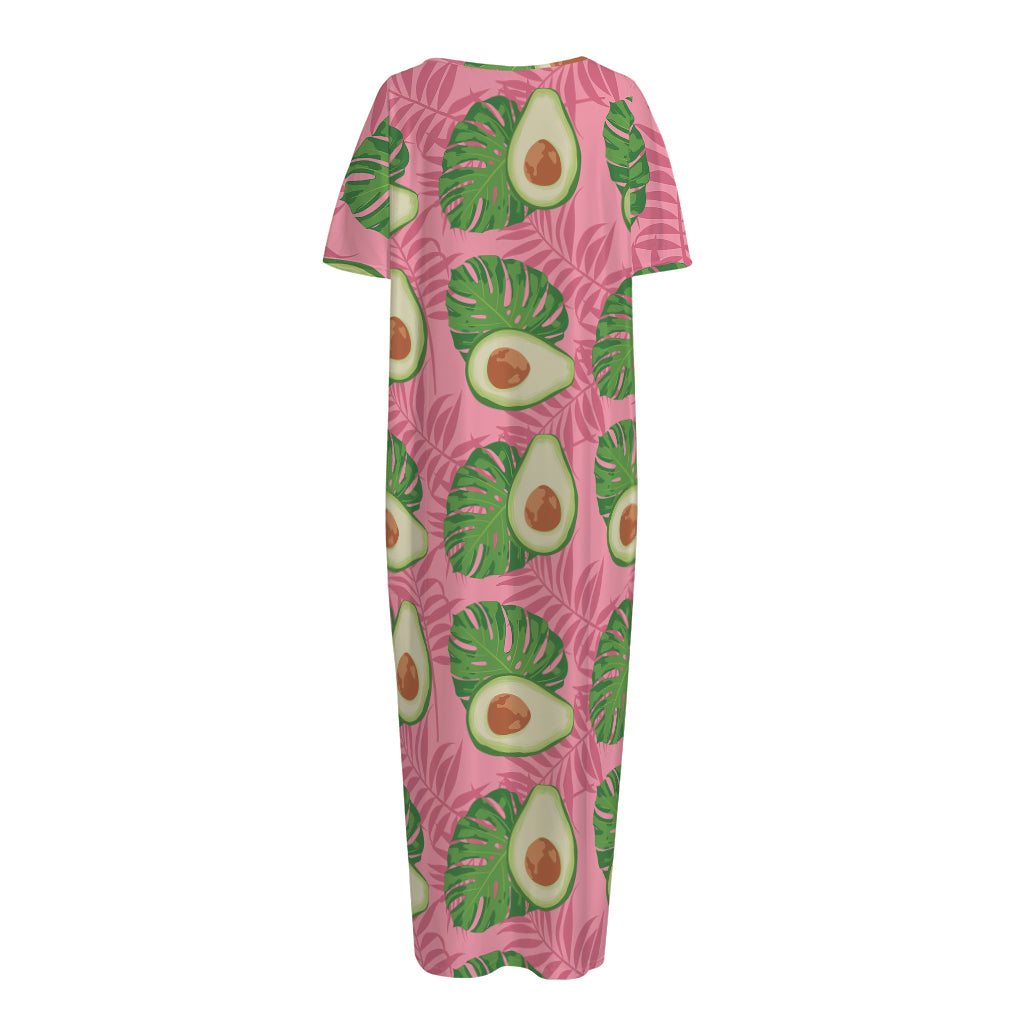 Pink Palm Leaf Avocado Print Short Sleeve Long Nightdress