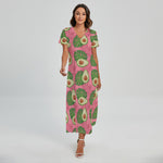 Pink Palm Leaf Avocado Print Short Sleeve Maxi Dress