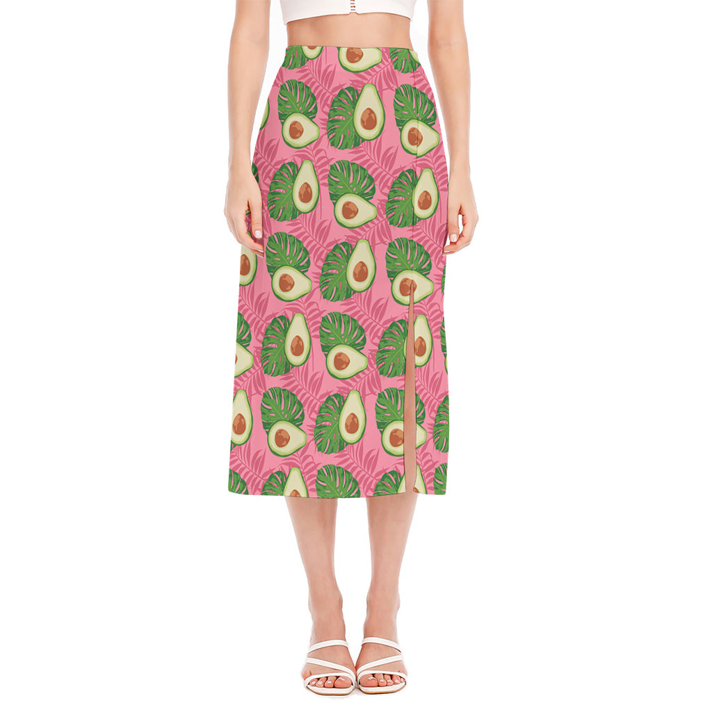 Pink Palm Leaf Avocado Print Side Slit Midi Skirt