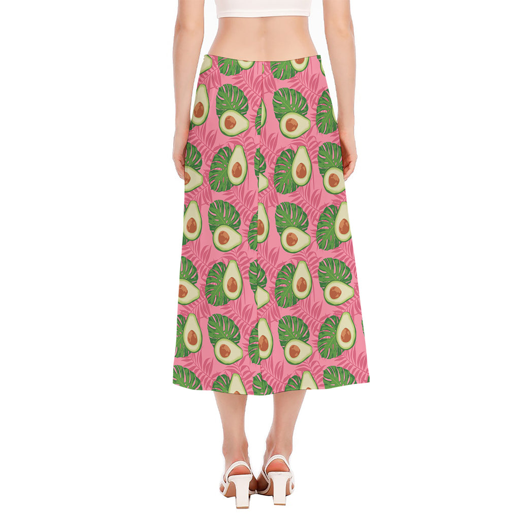 Pink Palm Leaf Avocado Print Side Slit Midi Skirt