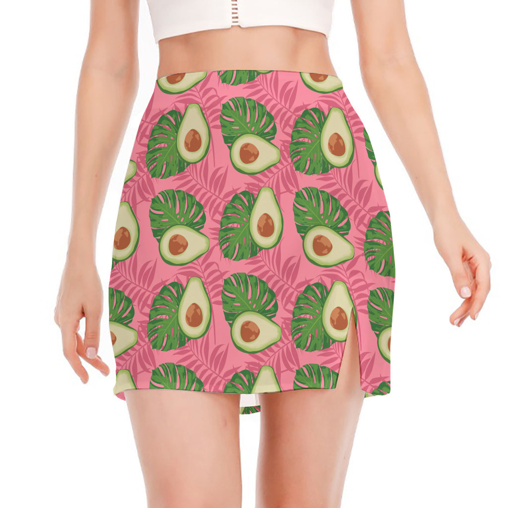 Pink Palm Leaf Avocado Print Side Slit Mini Skirt