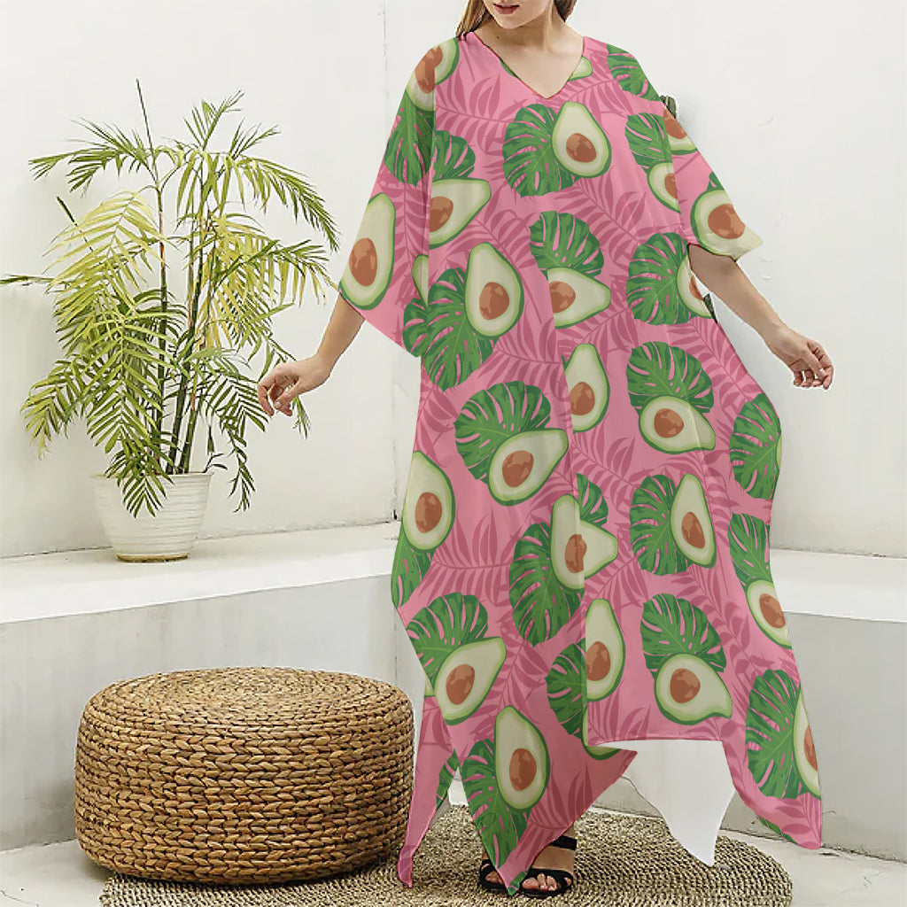 Pink Palm Leaf Avocado Print Silk V-Neck Kaftan Dress