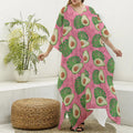 Pink Palm Leaf Avocado Print Silk V-Neck Kaftan Dress