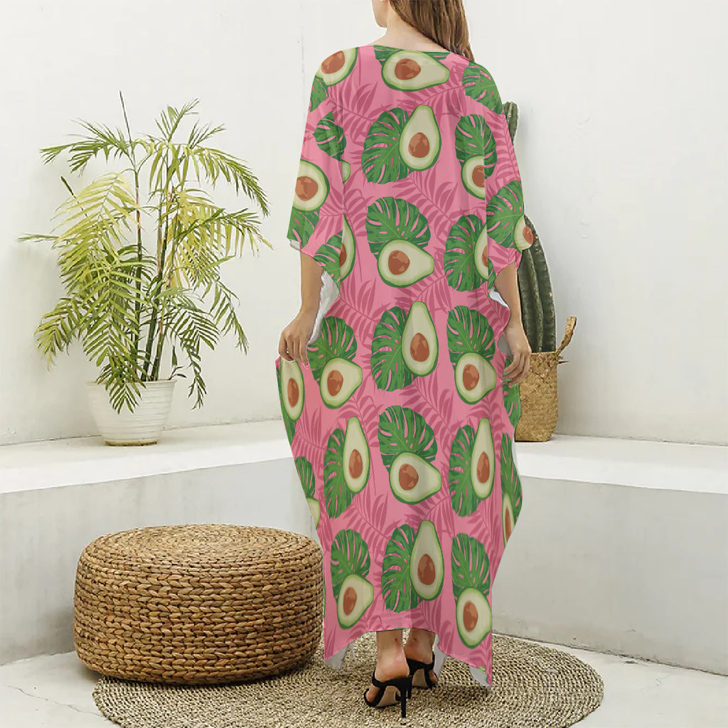 Pink Palm Leaf Avocado Print Silk V-Neck Kaftan Dress