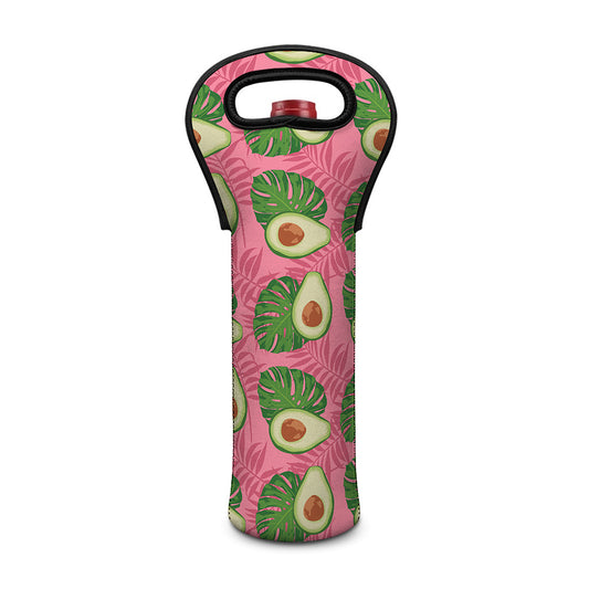 Pink Palm Leaf Avocado Print Single Neoprene Wine Tote