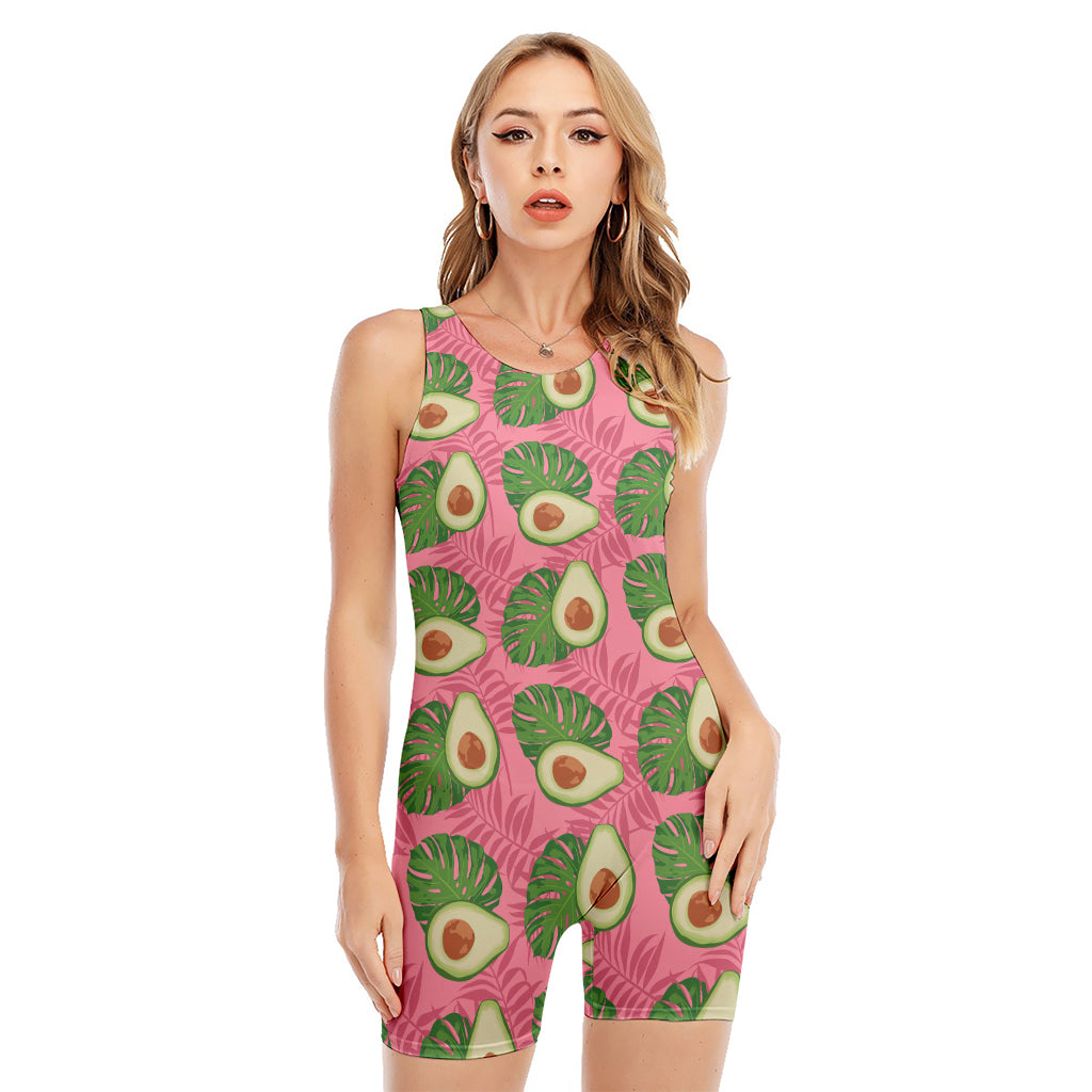 Pink Palm Leaf Avocado Print Sleeveless One Piece Swimsuit