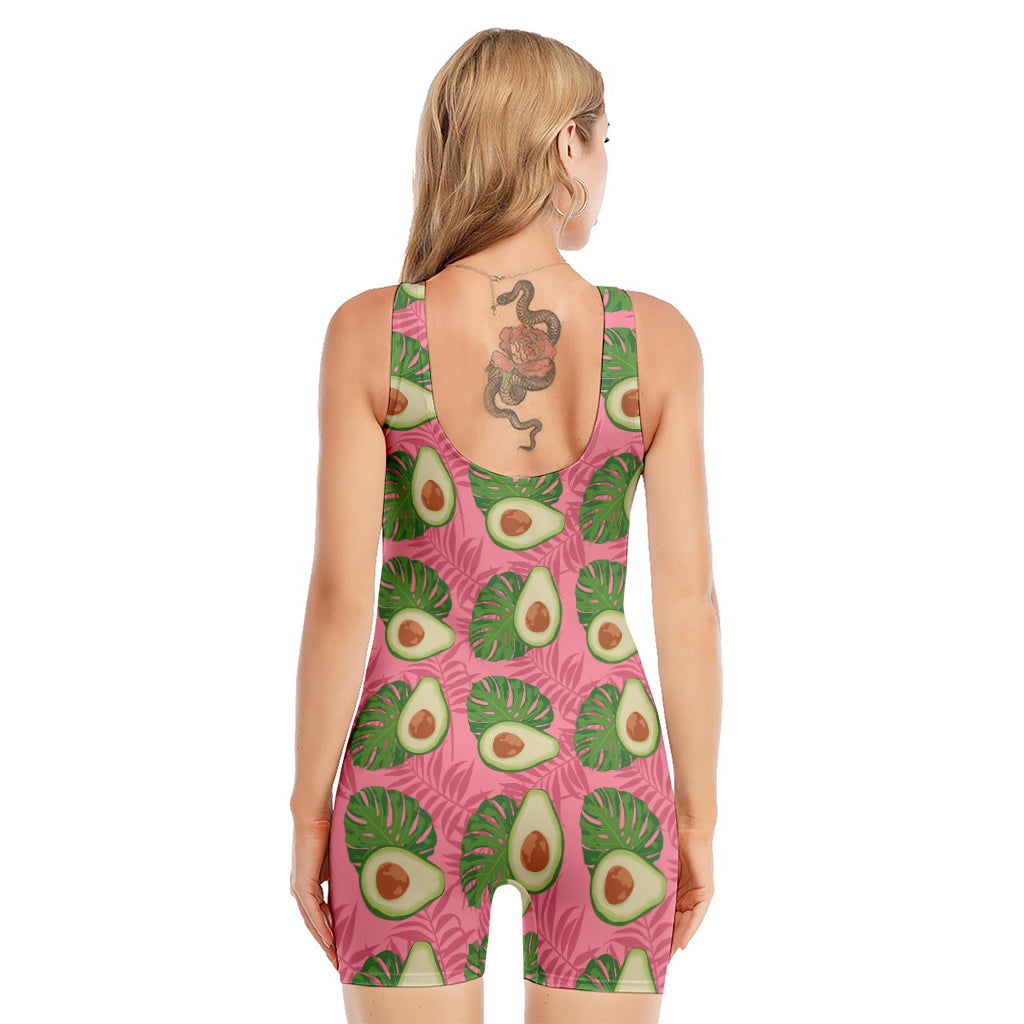 Pink Palm Leaf Avocado Print Sleeveless One Piece Swimsuit