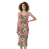 Pink Palm Leaf Avocado Print Slim Fit Midi Cami Dress