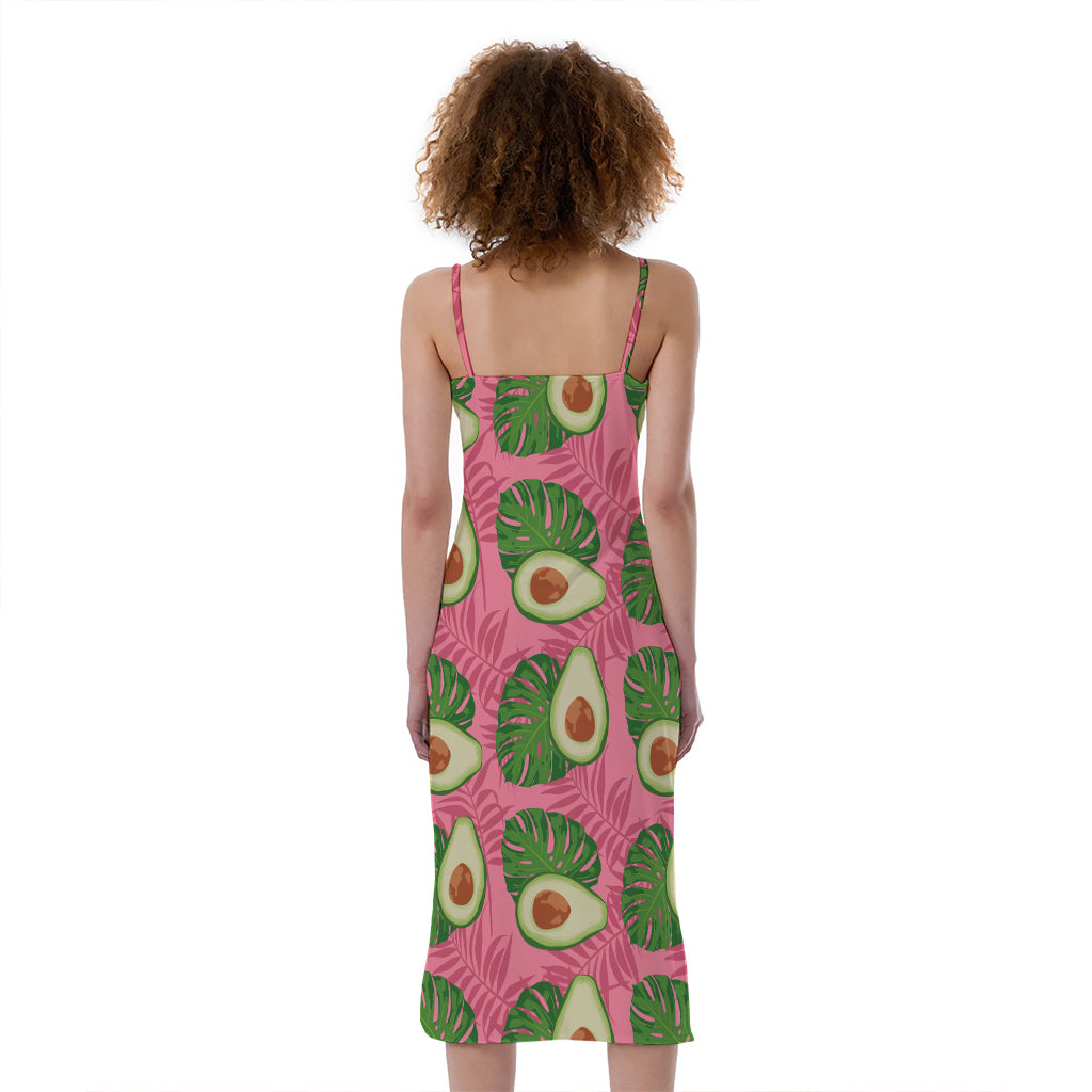 Pink Palm Leaf Avocado Print Slim Fit Midi Cami Dress