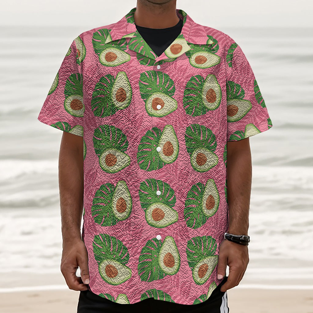 Pink Palm Leaf Avocado Print Textured Short Sleeve Shirt