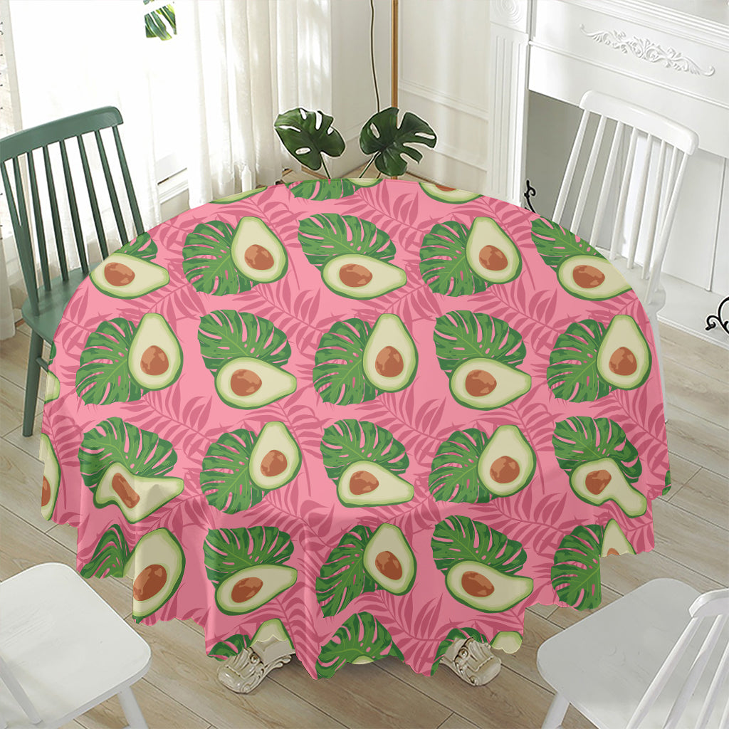 Pink Palm Leaf Avocado Print Waterproof Round Tablecloth