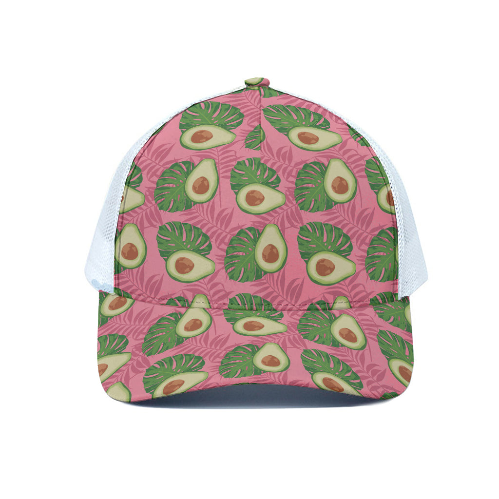 Pink Palm Leaf Avocado Print White Mesh Trucker Cap