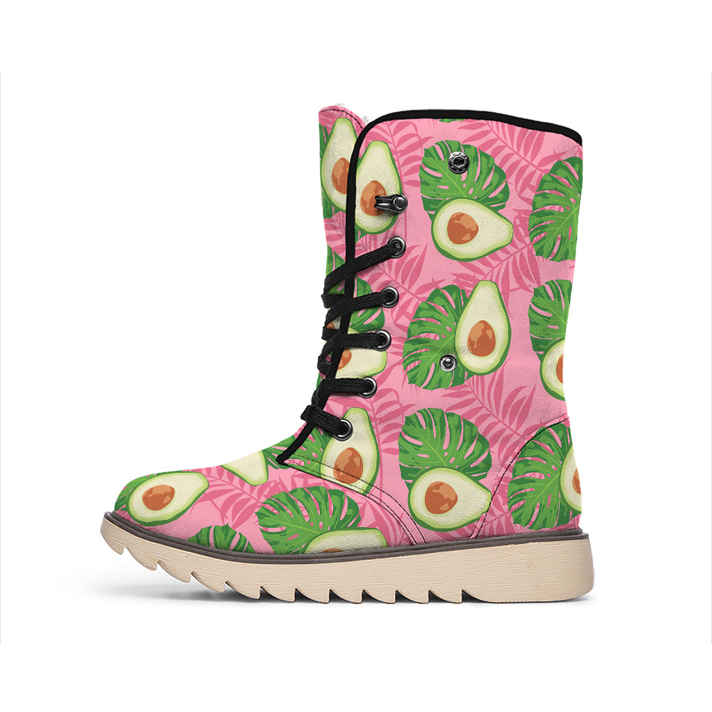 Pink Palm Leaf Avocado Print Winter Boots